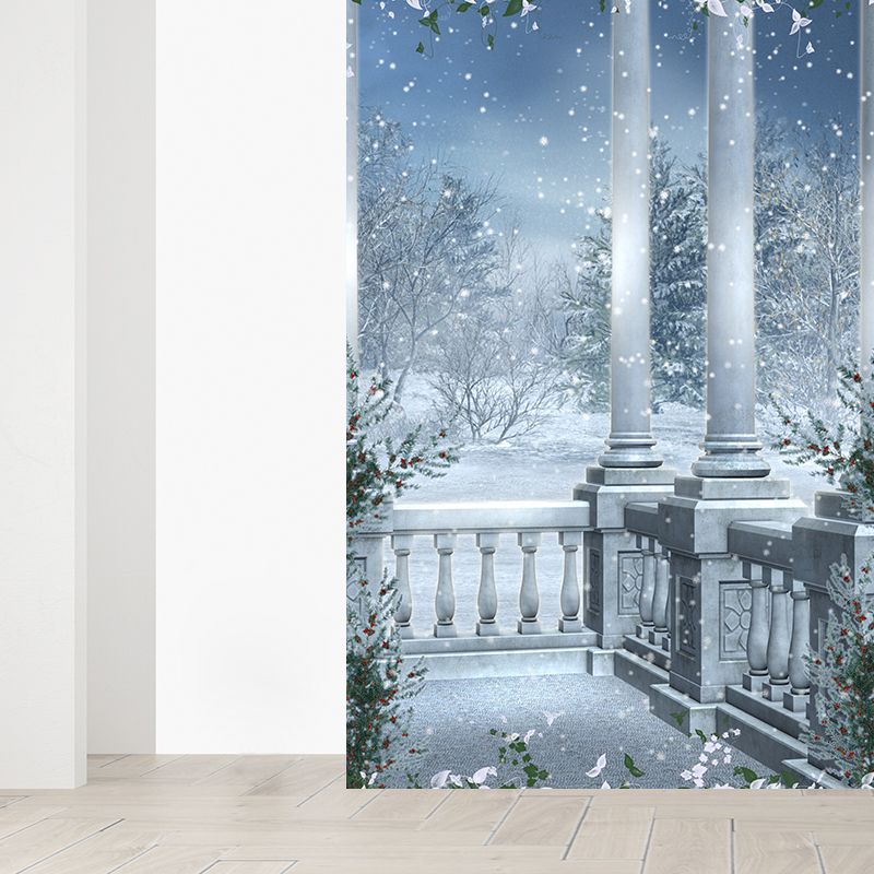 Romantic Balcony Snow View Mural Decal for Living Room, Blue, Custom Size Available