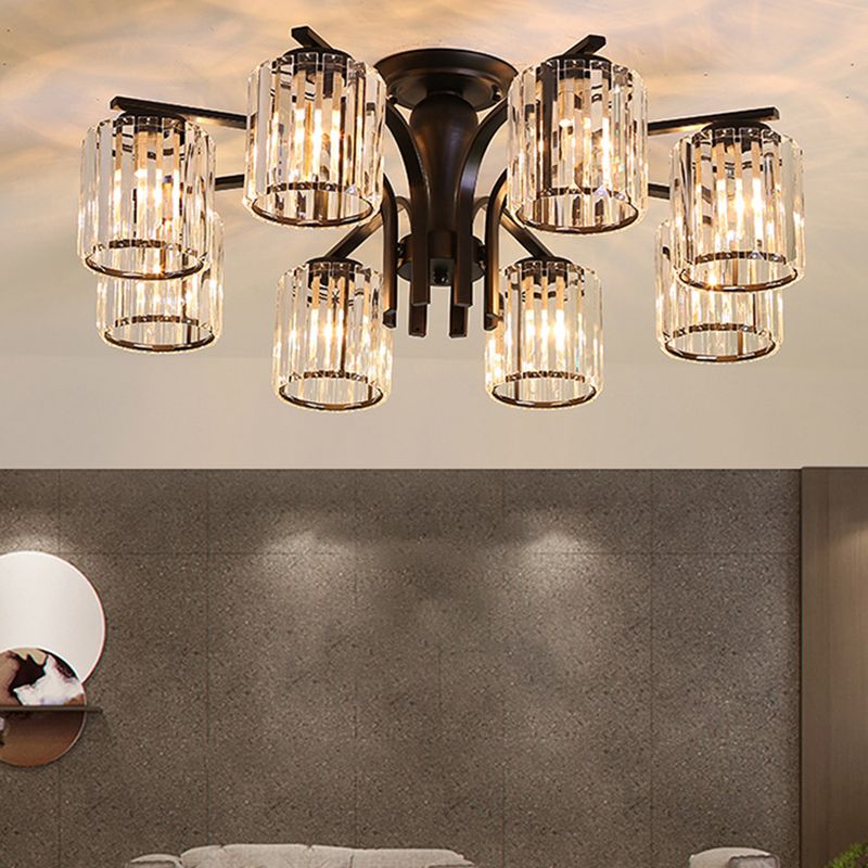 Contemporary Cylinder Flush Light Crystal Flush Mount Ceiling Fixture in Black