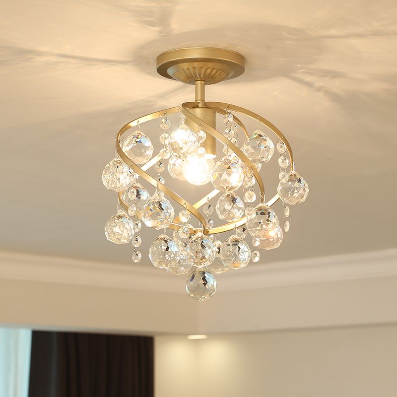 Faceted Crystal Ball Spiral Semi Flush Light Postmodern 1 Light Brass Ceiling Light Fixture