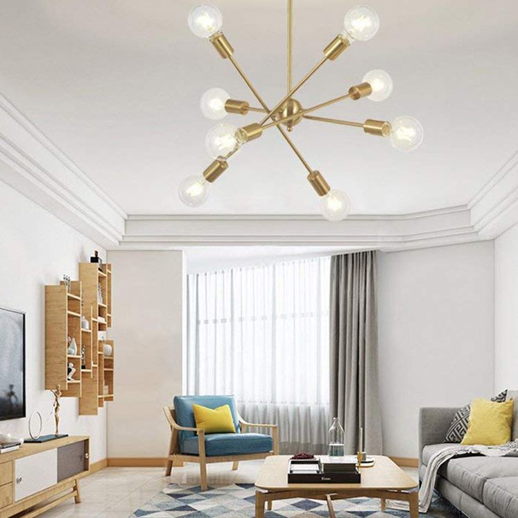 8-Lights Open-Bulb Design Kroonluchter Noordse stijl Gepolijst metaalmoleculair hanglicht voor eetkamer