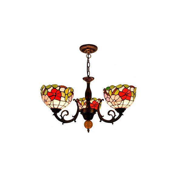 Colorful Bowl Chandelier Light with Flower/Rose/Sunflower/Yellow Flower Pattern Retro Style Stained Glass 3 Bulbs Inverted Chandelier in Brass