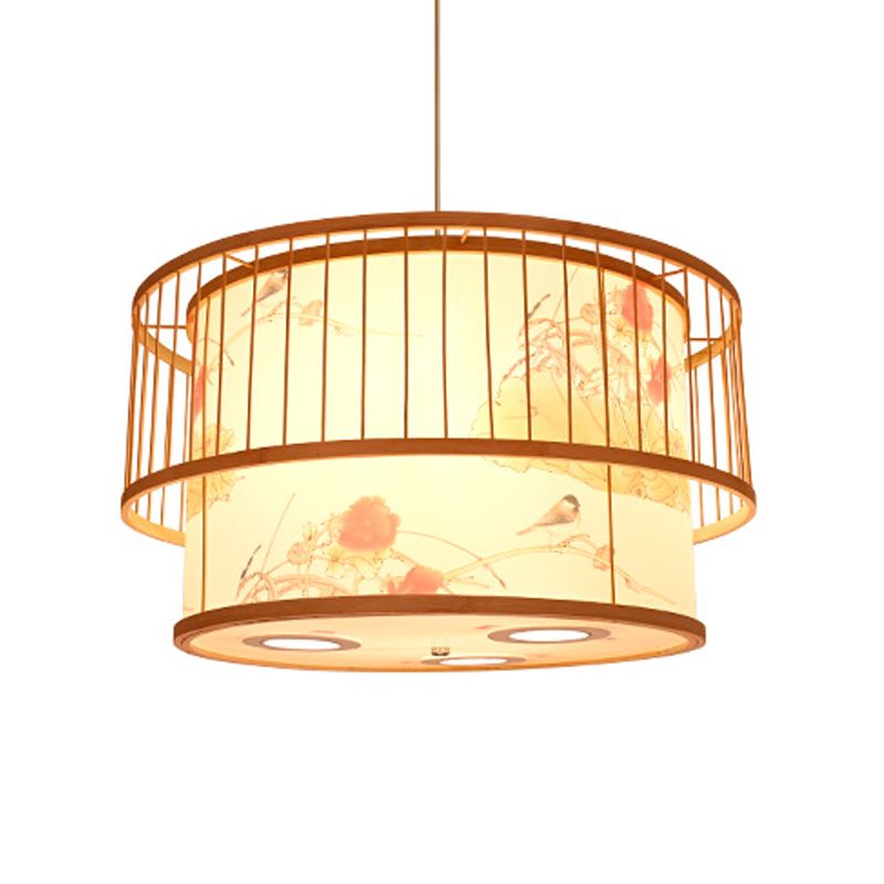 Asian Style Restaurant Pendant Light Cylindrical Bamboo Drop Lamp with Printed Shade