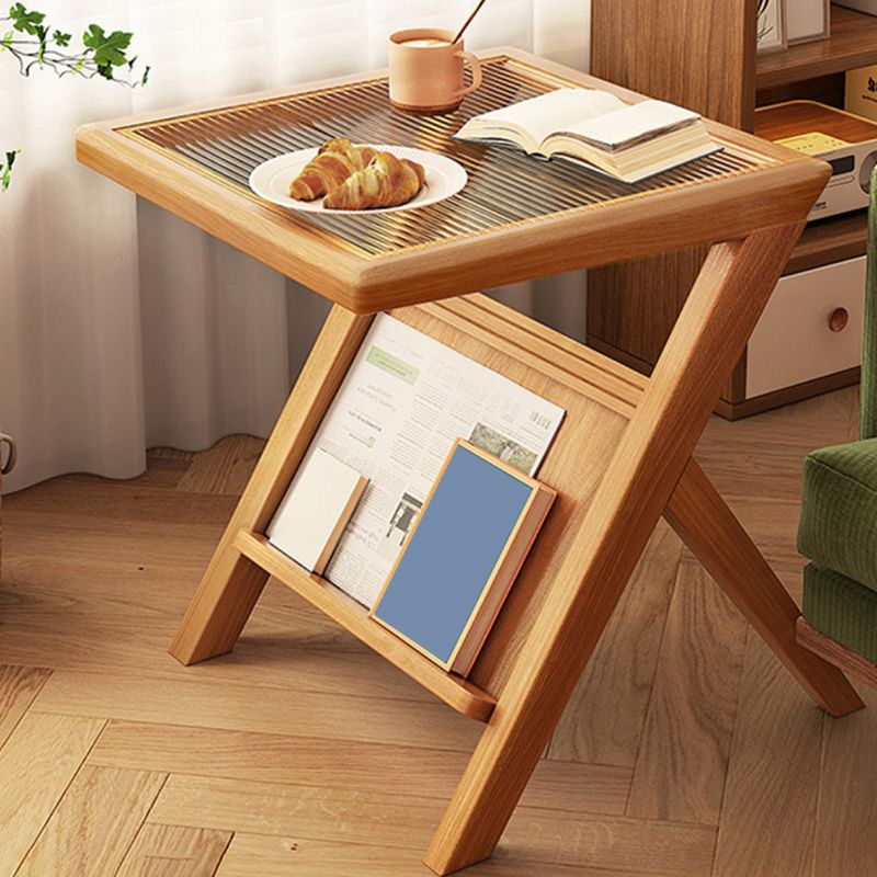 Modernistic Solid Wood X-base End Slide Table Geometric Glass Top End Table