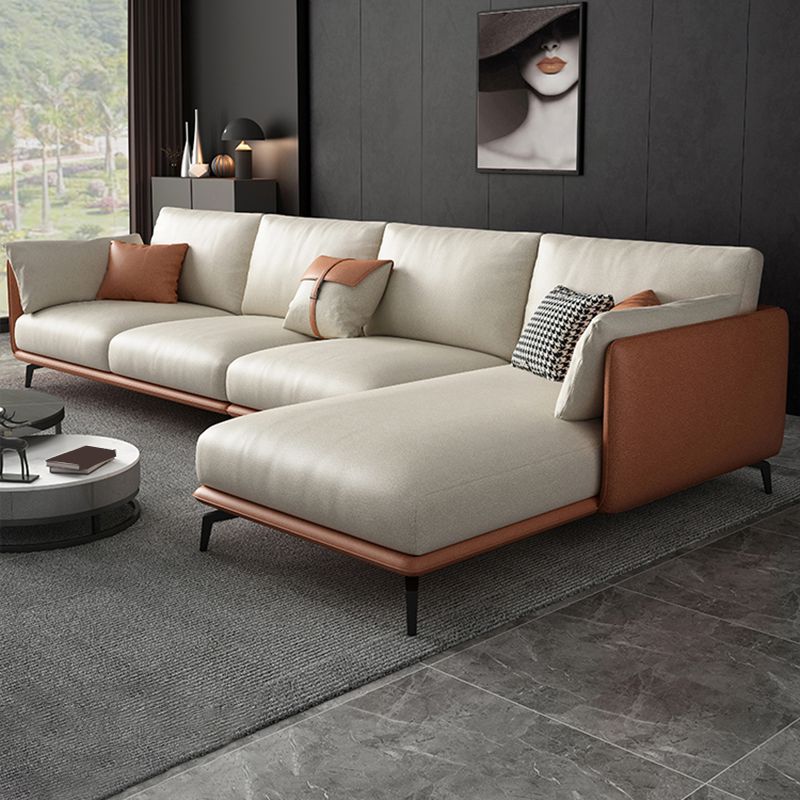 Square Arm Sectional Stain Resistant Sofa Chaise Beige Faux Leather