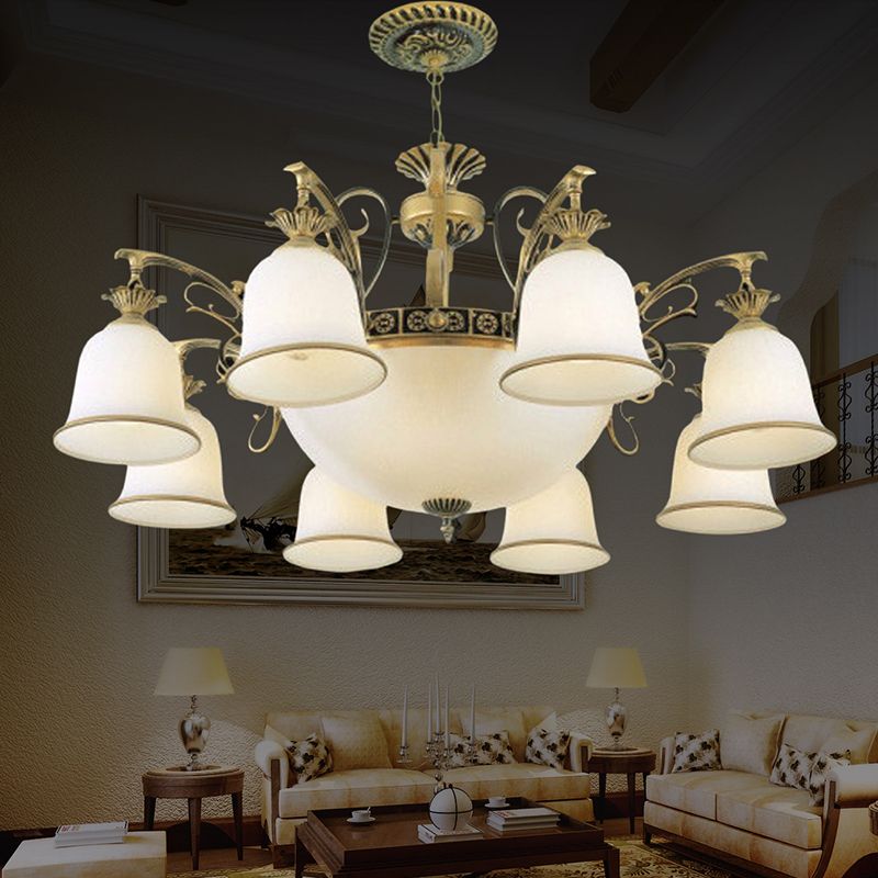 Rustic Carillon Chandelier Lighting 11 Heads White Glass Suspended Lighting Fixture in Brass