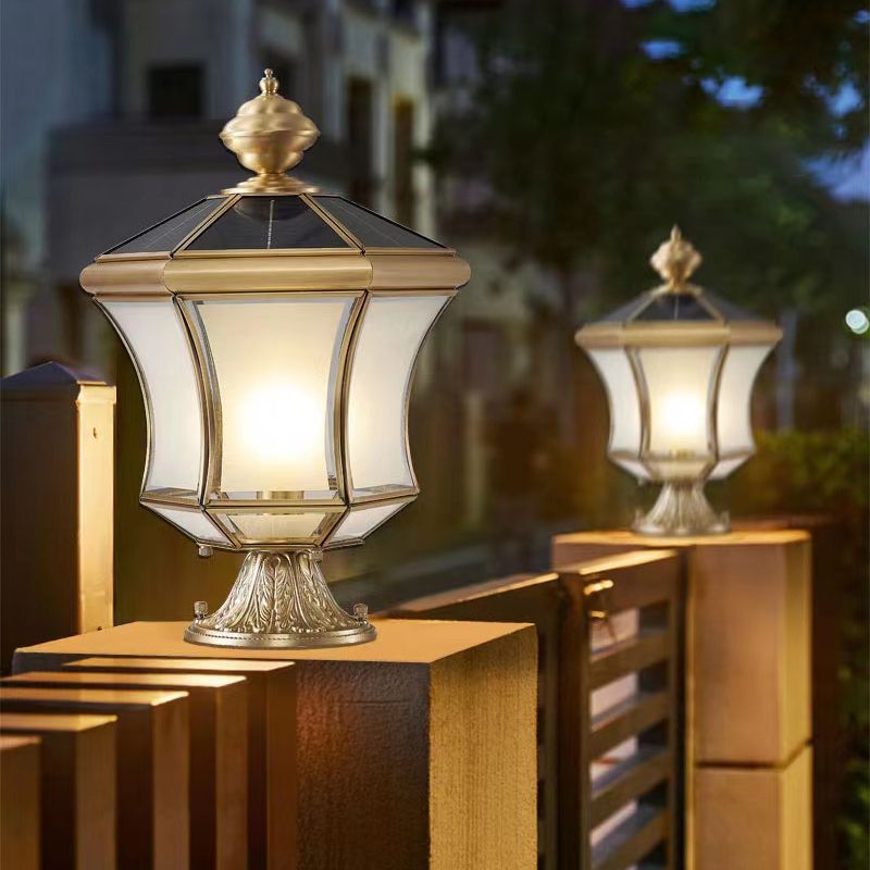 Metal Drum Shape Outdoor Lights Modern Style 1 Light Solar Pillar Lamp in Brass