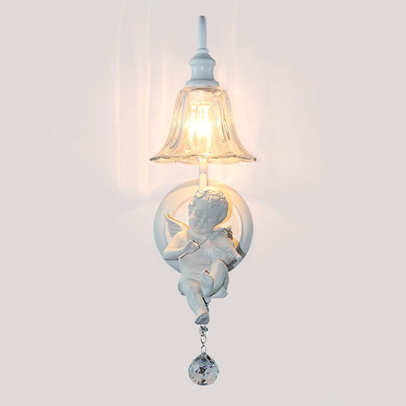 Cream Angel Wall Light Decorative 1-Head Resin Wall Mounted Lamp with Flower Clear Glass Shade and Crystal Orb