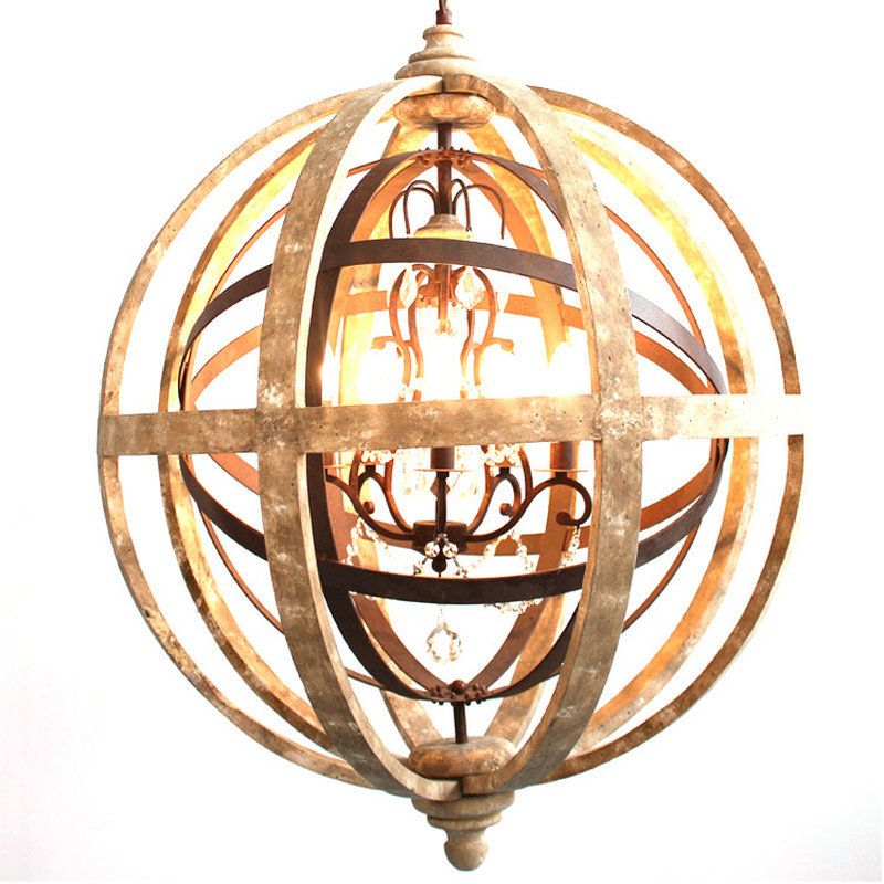 4 Bulbs Chandelier Pendant Light Vintage Sphere Distressed Wood Hanging Light for Dining Room