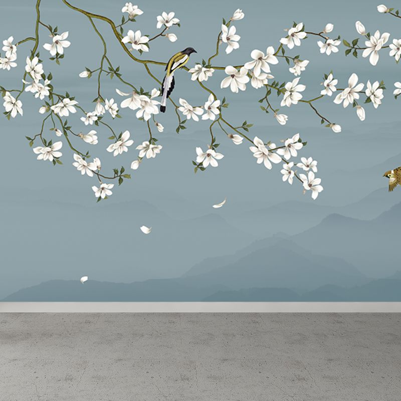 Bird and Flower Branch Mural for Home Misty Mountain Landscape Wall Art in Blue for Decor