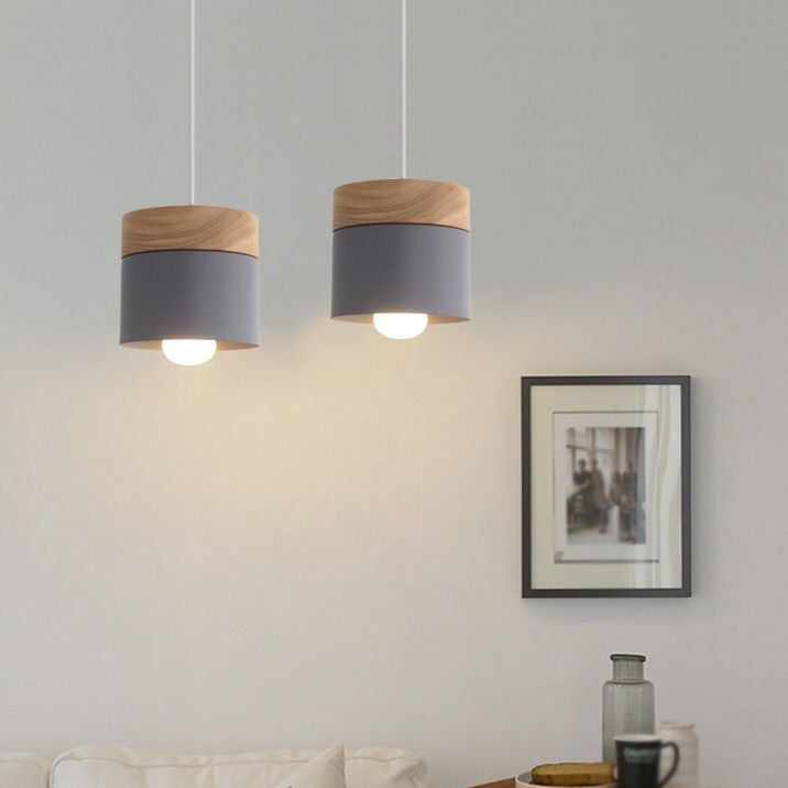 Wooden Cylindroid Pendant Light in Modern Artistic Style Iron Macaron Hanging Lamp for Dining Room