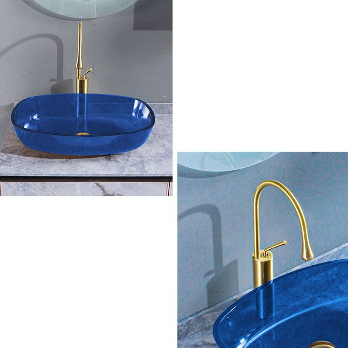 Modern Bathroom Sink Glass Oval-Shape Vessel Bathroom Sink with Pop-Up Drain
