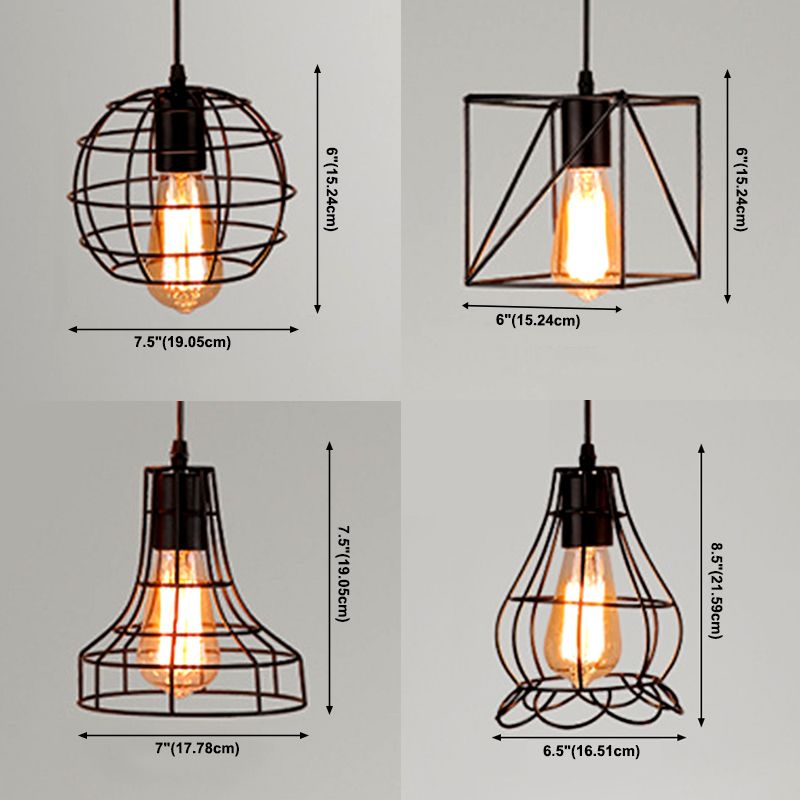 Lámpara colgante simple de 1 luz, lámpara colgante de sombra de jaula de metal en negro para restaurante