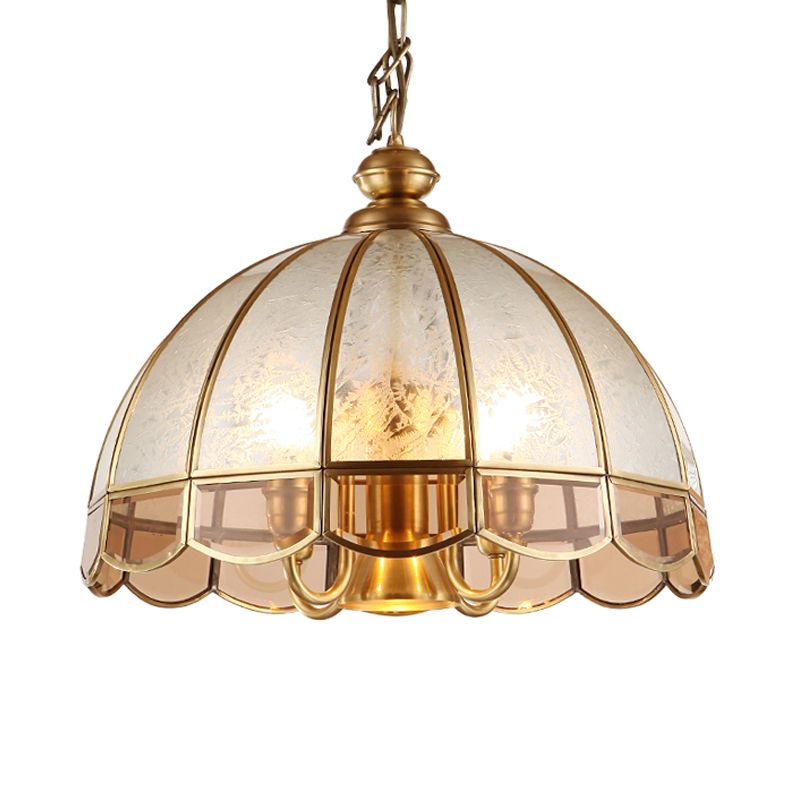Cúpula de vidrio helado Candelier retro 6 cabezas de techo de latón Luz de techo de latón para comedor
