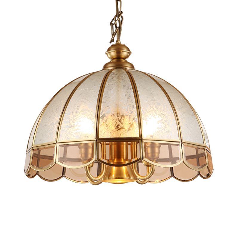 Dôme Verre givrée Pagniseur de lustre Retro 6 têtes Plafond en laiton Light pour salle à manger