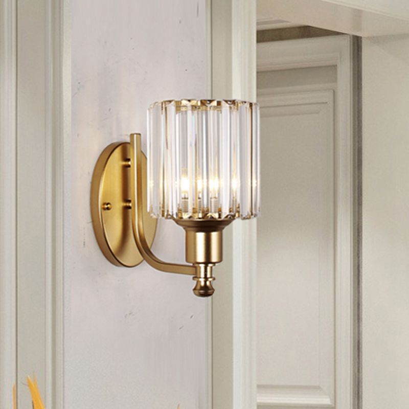 Contemporary Cylinder Wall Light Sconce Crystal Rectangle 1 Light Bedroom Sconce Light with Black/Gold Backplate
