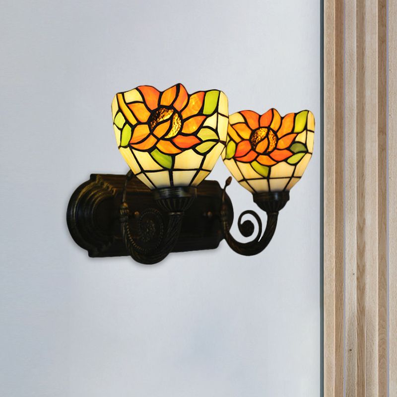 Sunflower Stained Glass Wall Light Tiffany 2 Lights Brass Wall Sconce with Domed Shade for Bedroom