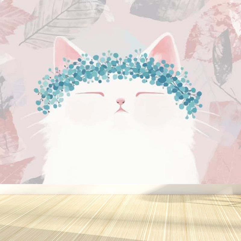 Kawaii Kitten with Wreath Mural for Girls Bedroom Animal Wall Covering, Customized