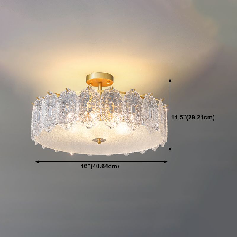 Glass Drum Shape Ceiling Flush Mount Light Modern Style Gold Ceiling Mount Light Fixture