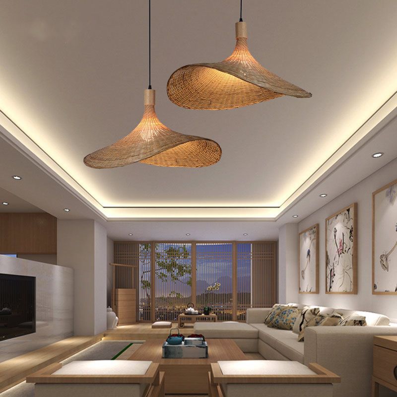 Asia Style Pendant Ceiling Light Beige Hat Hanging Pendant Light with Bamboo Shade