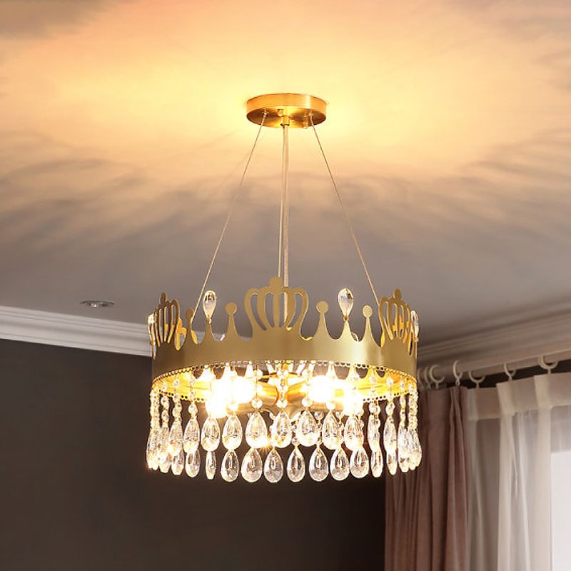 5-Light Crown Chandelier Light Fixture Minimal Gold Crystal Drop Ceiling Lamp for Living Room