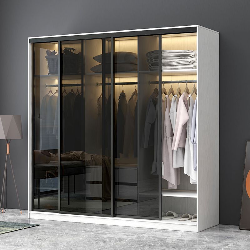 White Wardrobe with Grey Glass Doors Modern Storage Cabinet for Bedroom