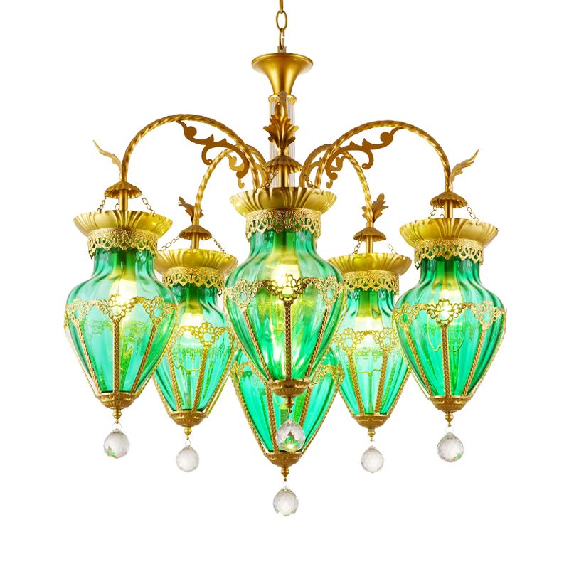 6 Lights Chandelier Light Fixture Curved Arm Red/Blue/Green Glass Suspension Pendant in Brass for Restaurant