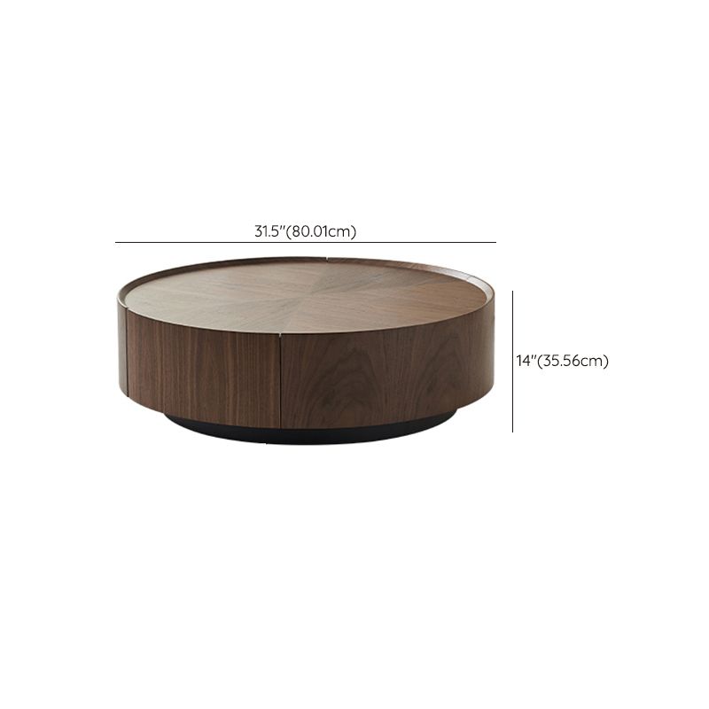 Round Wood Cocktail Table Set with 2 Drawers Modern Walnut Coffee Table