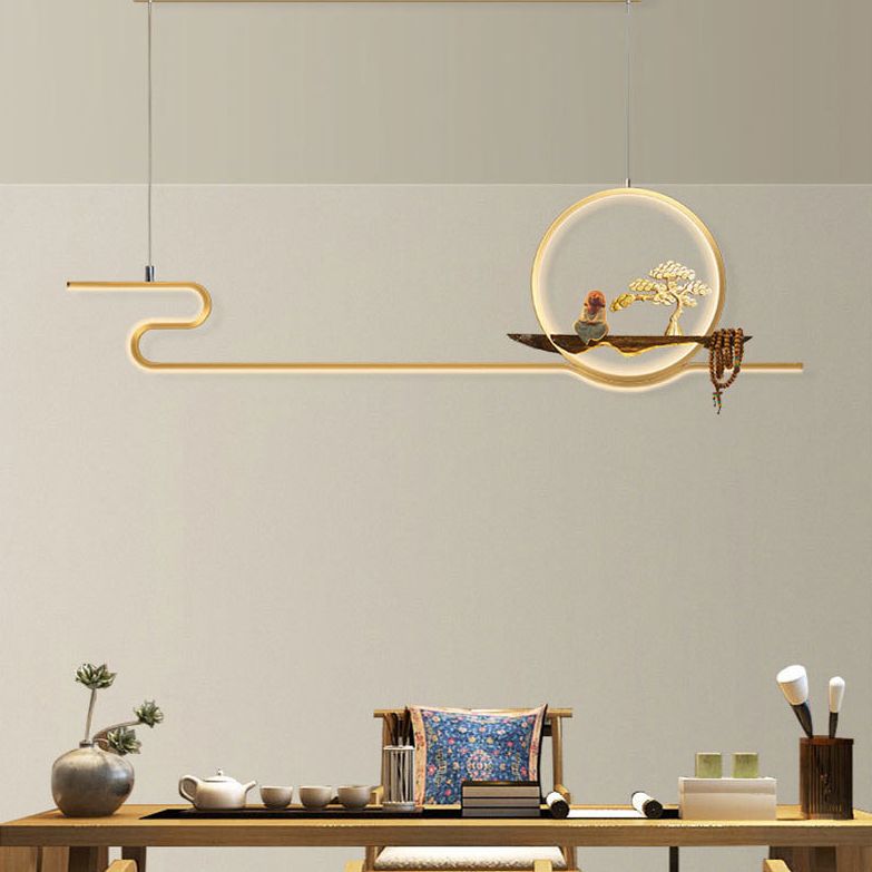 Minimalist Artistry Linear Hanging Lamp Metal Study Room LED Island Light with Monk and Tree Decor