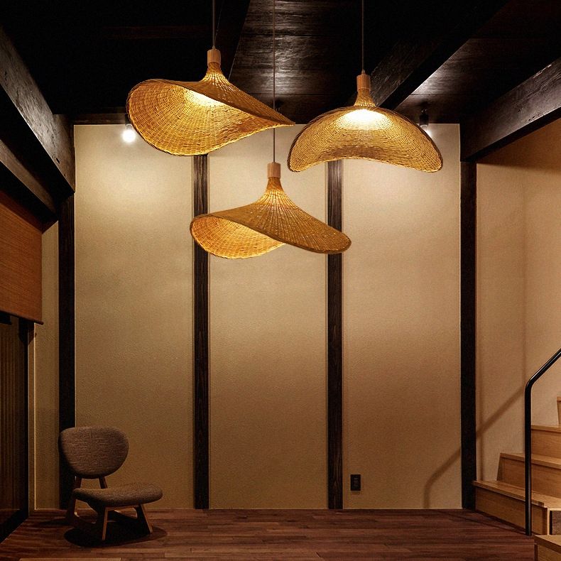 Modern Straw Hat Hanging Light Fixtures Rattan 1 Light Pendant Light
