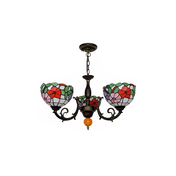 Colorful Bowl Chandelier Light with Flower/Rose/Sunflower/Yellow Flower Pattern Retro Style Stained Glass 3 Bulbs Inverted Chandelier in Brass