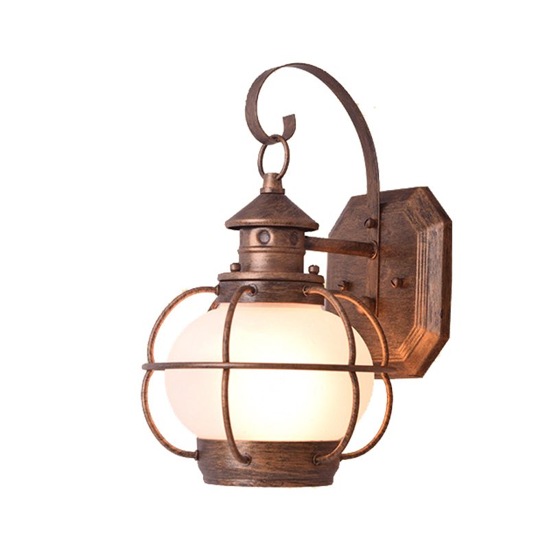 Coffee/Bronze Lantern Wall Light Retro White/Clear Glass 1 Head Outdoor Wall Lighting with Wire Cage