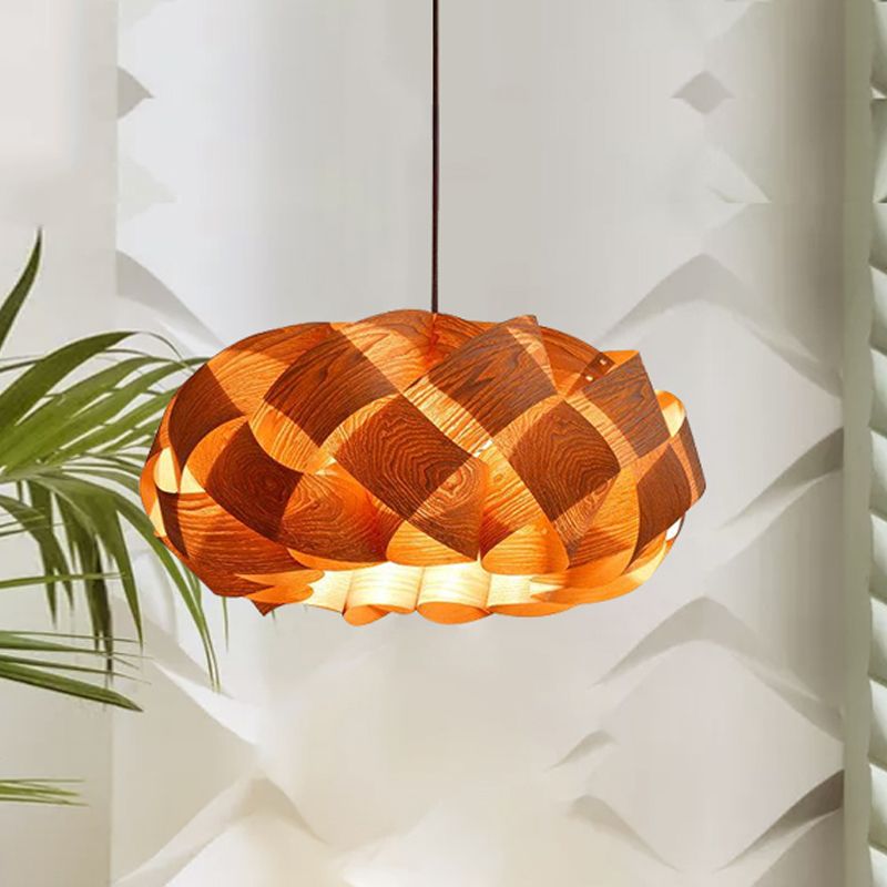 Asian Drum Shade Hanging Pendant Stranded-Weaving Wood Single Hotel Ceiling Light Fixture in Beige