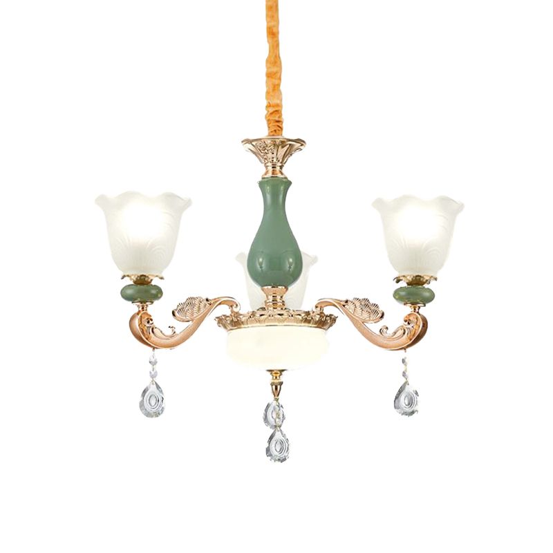 Floral Bedroom Up Chandelier Antique Milk Frosted Glass 3/6 Bulbs Gold and Green Hanging Light with Crystal Drop