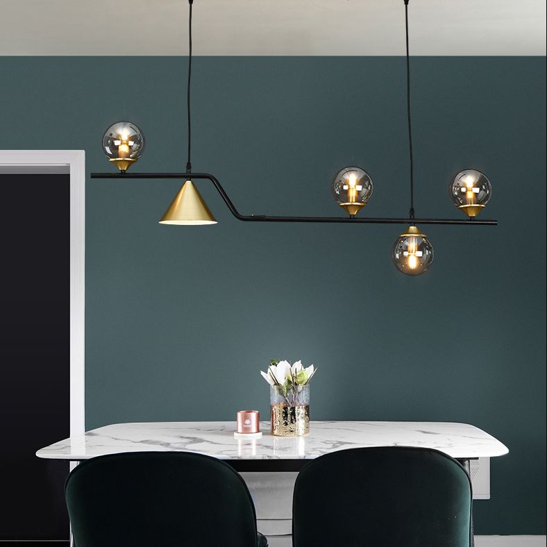 Metal Linear Island Light with Glass Ball Shape Nordic Minimalist Style Metal Island Pendant for Dining Room