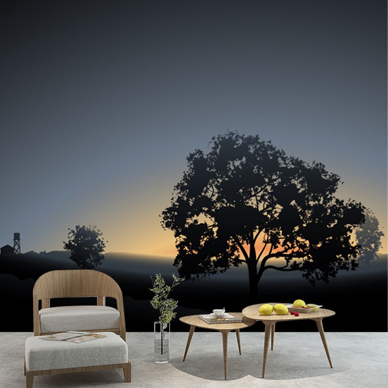 Dark Grey Dawn Scenery Mural Moisture Resistant Contemporary Living Room Wall Art