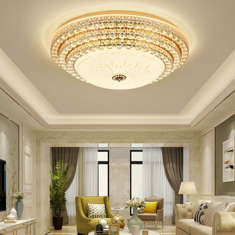 Modern Fashionable Circular LED Ceiling Light Crystal Indoor Flush Mount with Glass Shade