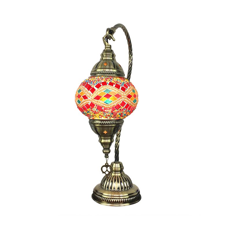 Traditioneller Balltisch Leicht Pfaublau/Wassermelone Rotes Glas 1 Lampenschreibtischlampe mit Metallkrümmungsarm