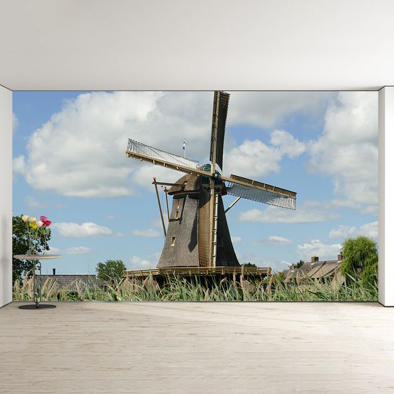 Living Room Wall Mural Wallpaper Small Town Windmill Mildew Resistant Wall Decor