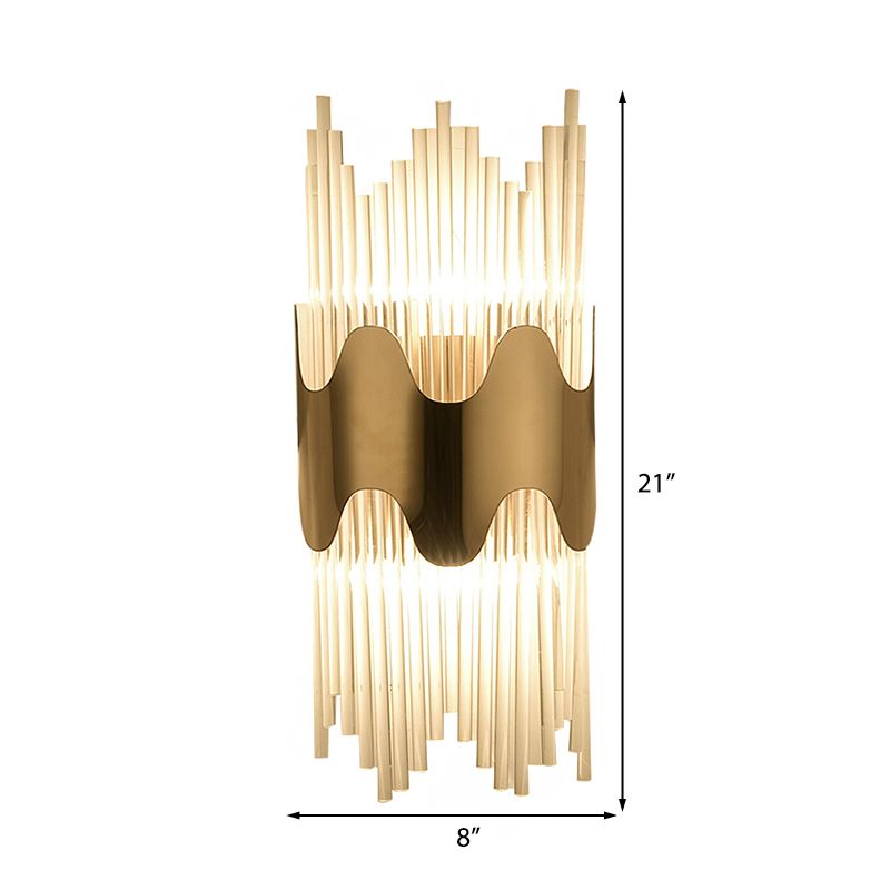 Wavy Design Wall Sconce Modernist Style Clear Crystal 2 Lights Brass Finish Wall Lighting for Bedroom
