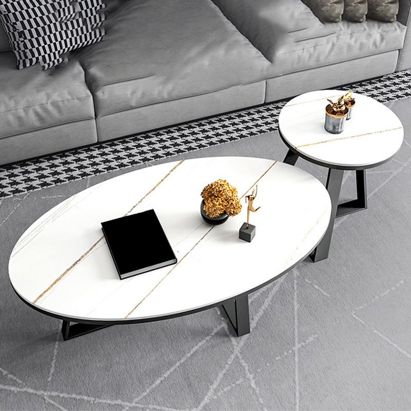 17.7" H Glam Oval Slate Coffee Table Metal Cross Legs Cocktail Table