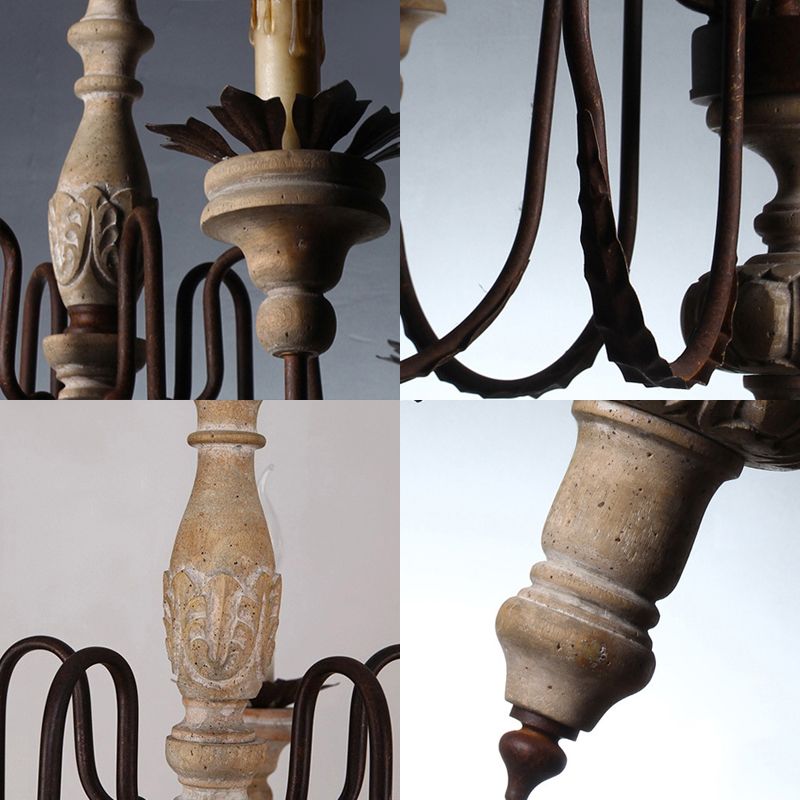 6 Bulbs Starburst Ceiling Chandelier Traditional Wood Suspended Lighting Fixture in Grey
