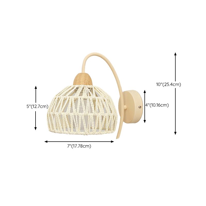 Single Light Wood Wall Sconce Rattan Dome Shade Wall Lighting in White