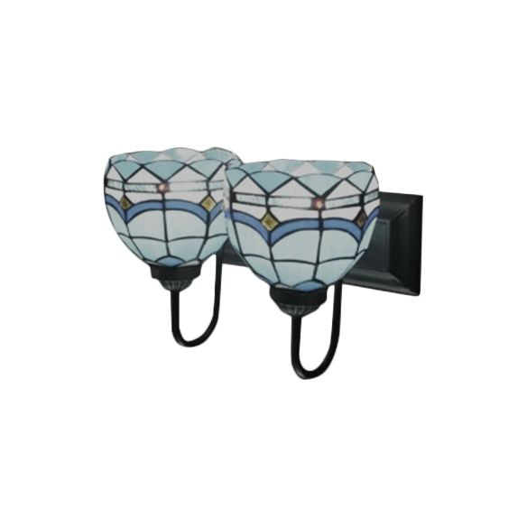 Blue Bowl Wall Mount Light Mediterranean 2 Heads Multicolor Stained Glass Sconce Lighting