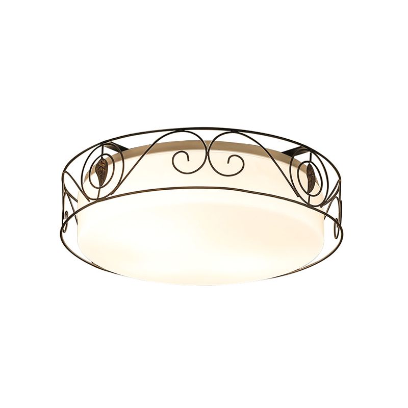 4-Heads Flushmount Lighting Antique Circular White Glass Flush Mount Light with Metal Wire Cage