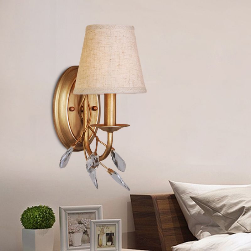 1-Light Barrel Wall Mount Lighting Country Style Gold Finish Fabric Wall Lamp with Branch Crystal Deco