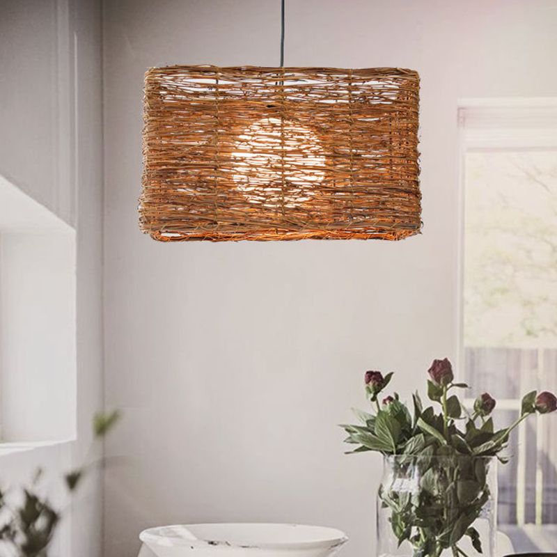 Asia Rectangle Rattan Pendant Lighting Fixture 1 Light Hanging Light Kit in Brown for Dining Room