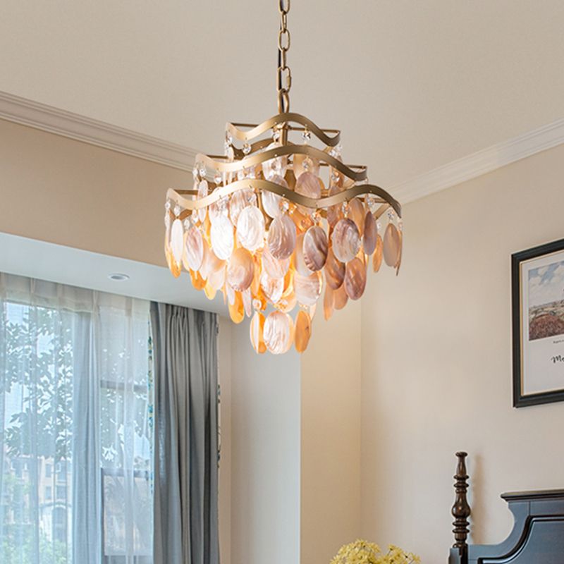 Modern Fountain Chandelier Lamp Shell 4 Heads Ceiling Pendant Light in Beige for Living Room
