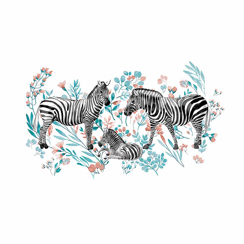 Stylish Zebra Wall Paper Murals Multicolored Flowers Wall Covering on White for Bedroom