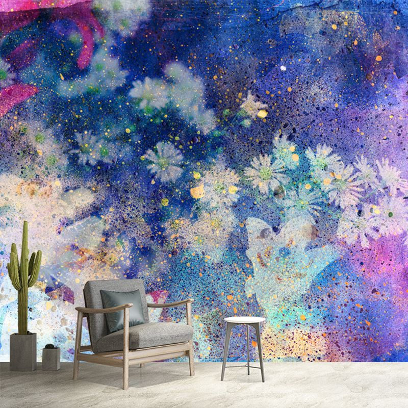 Magic Daisy Wall Paper Mural for Girls Room Watercolor Wall Art in Blue, Made to Measure