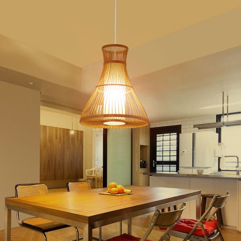 Beige Flared Ceiling Lamp Asian 1 Bulb Bamboo Hanging Light Fixture with Inner Tube Parchment Shade